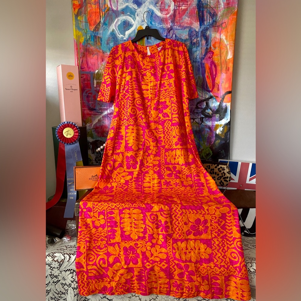 Gorg VINTAGE VIVID Floral Dorolen of Lahaina HAWAIIAN Maxi Beach Party Dress XL
